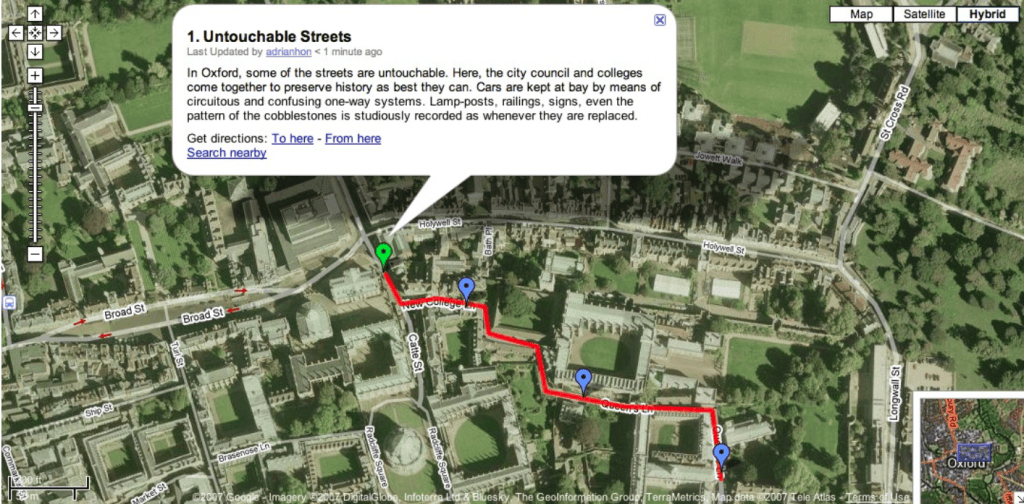A satellite map with a red trail and a speech bubble with story text